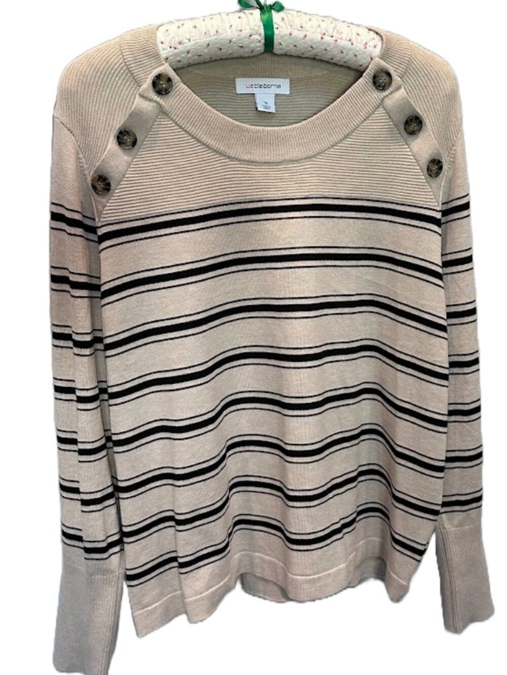 Liz Claiborne Cream and Black Striped Button-Shoulder Sweater